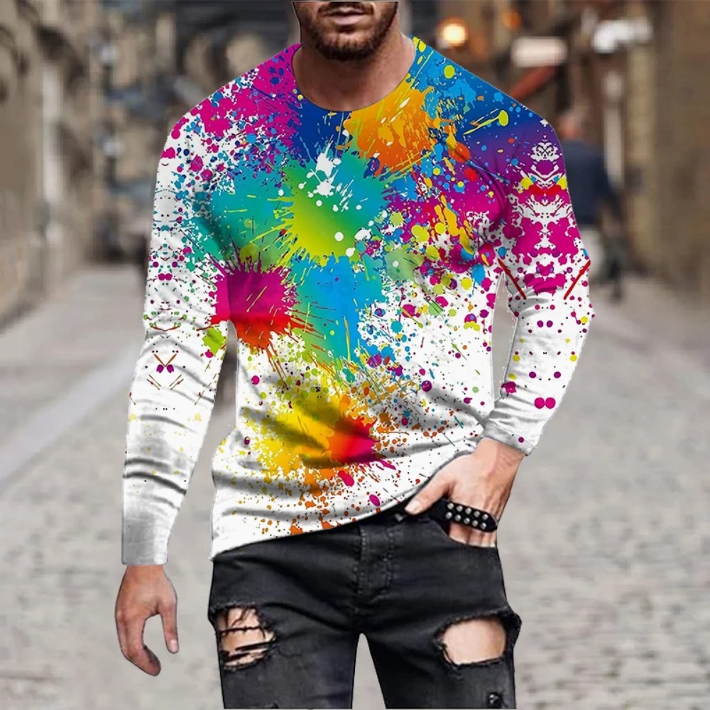 3D Printing Jersey - เสื้อยืดแขนยาวพิมพ์ลาย 3D ลายสีรุ้งสำหรับผู้ชาย เสื้อยืดลายกราฟฟิตี้หมึกสีสันสดใส ศิลปะนามธรรมแปลกใหม่ เสื้อแขนยาวลำลอง