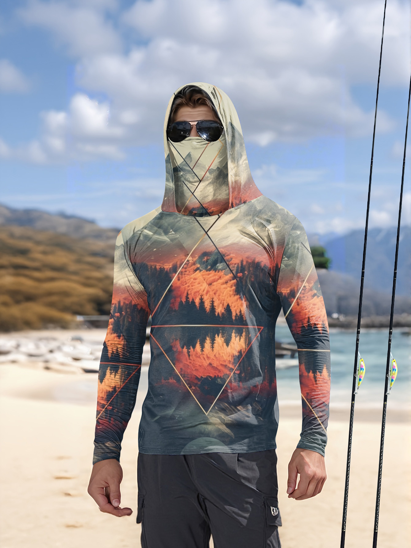 3D Printing Jersey - เสื้อฮู้ดตกปลาสำหรับผู้ชายแบบกลางแจ้ง พร้อมหน้ากากในตัว ลายวิวภูเขา ป้องกันแสงแดด UPF 50