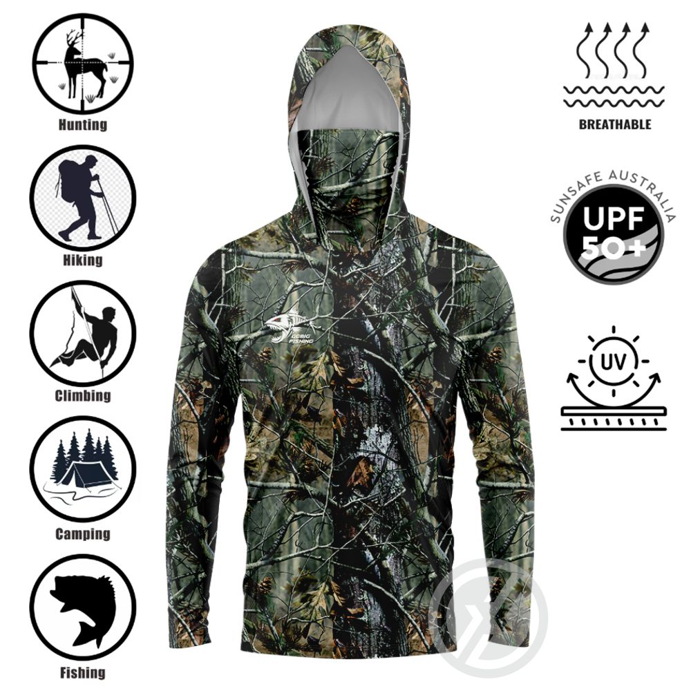 3D Printing Jersey - เสื้อตกปลาแบบมีฮู้ด UPF50+ พร้อมผ้าคลุมหน้าในตัว ลายพิมพ์ 3D รูปปลาฉลาม