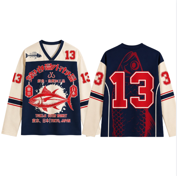 3D Printing Jersey - เสื้อยืดแขนยาวพิมพ์ลาย 3 มิติสไตล์ญี่ปุ่นย้อนยุคสำหรับผู้ชายและผู้หญิง คอวี สตรีทแวร์ ทรงหลวม